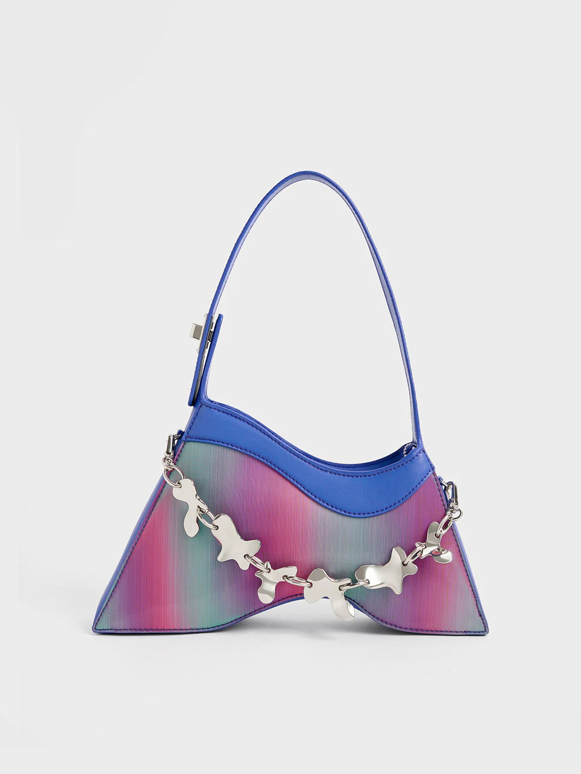 GCDS small Comma holographic tote bag in blue/multicolour faux leather.