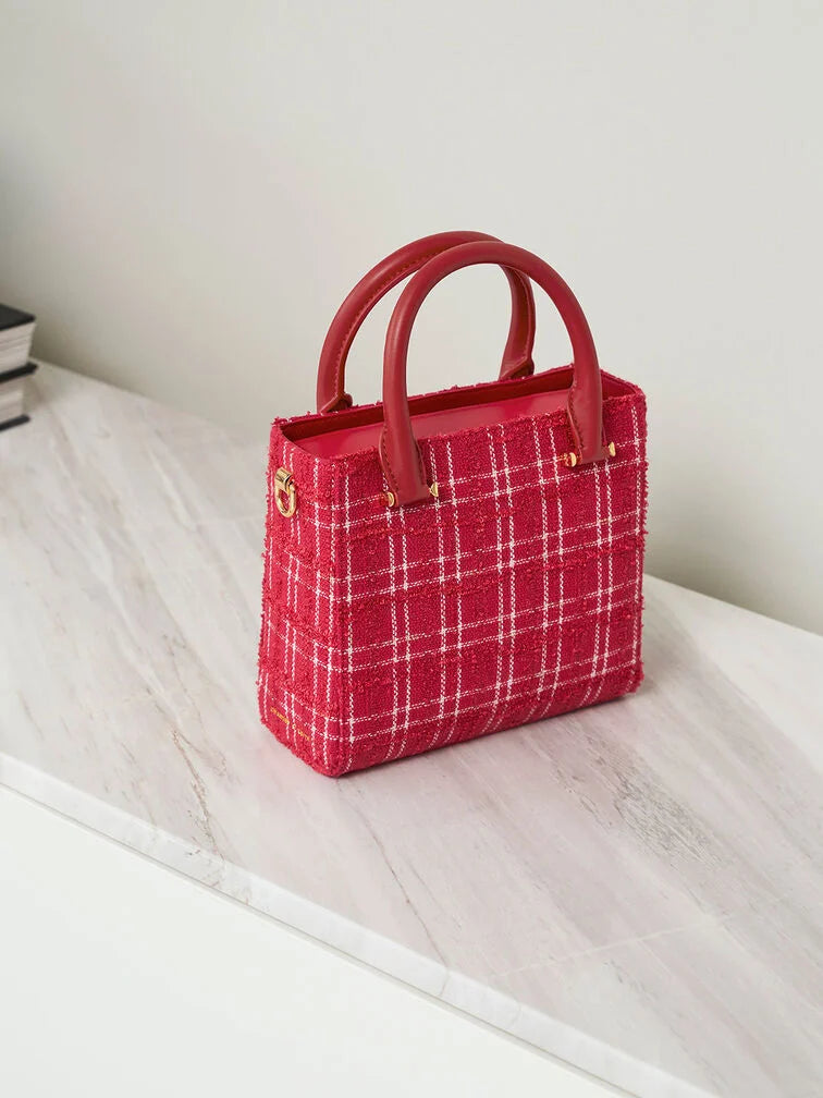 Georgette Tweed Square Tote Bag - Red