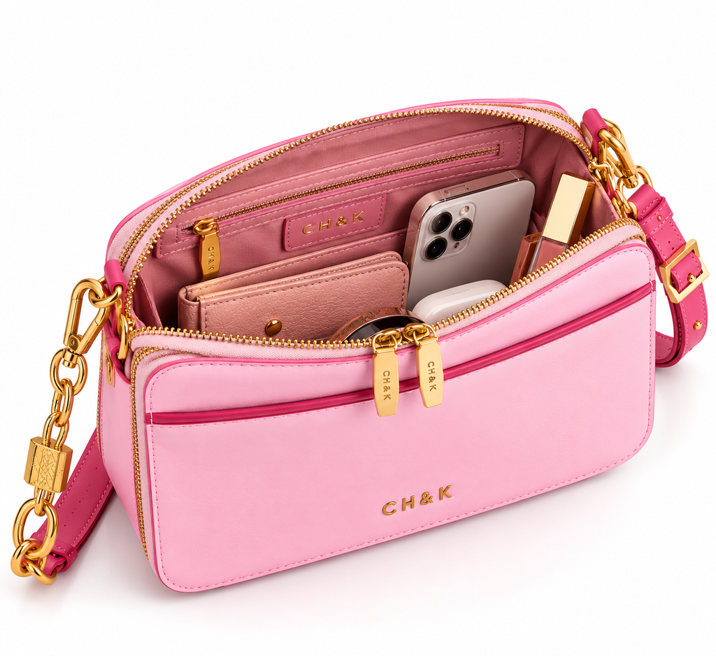 CH&K Baby Pink Camera Crossbody Bag – Gold Chain Edition