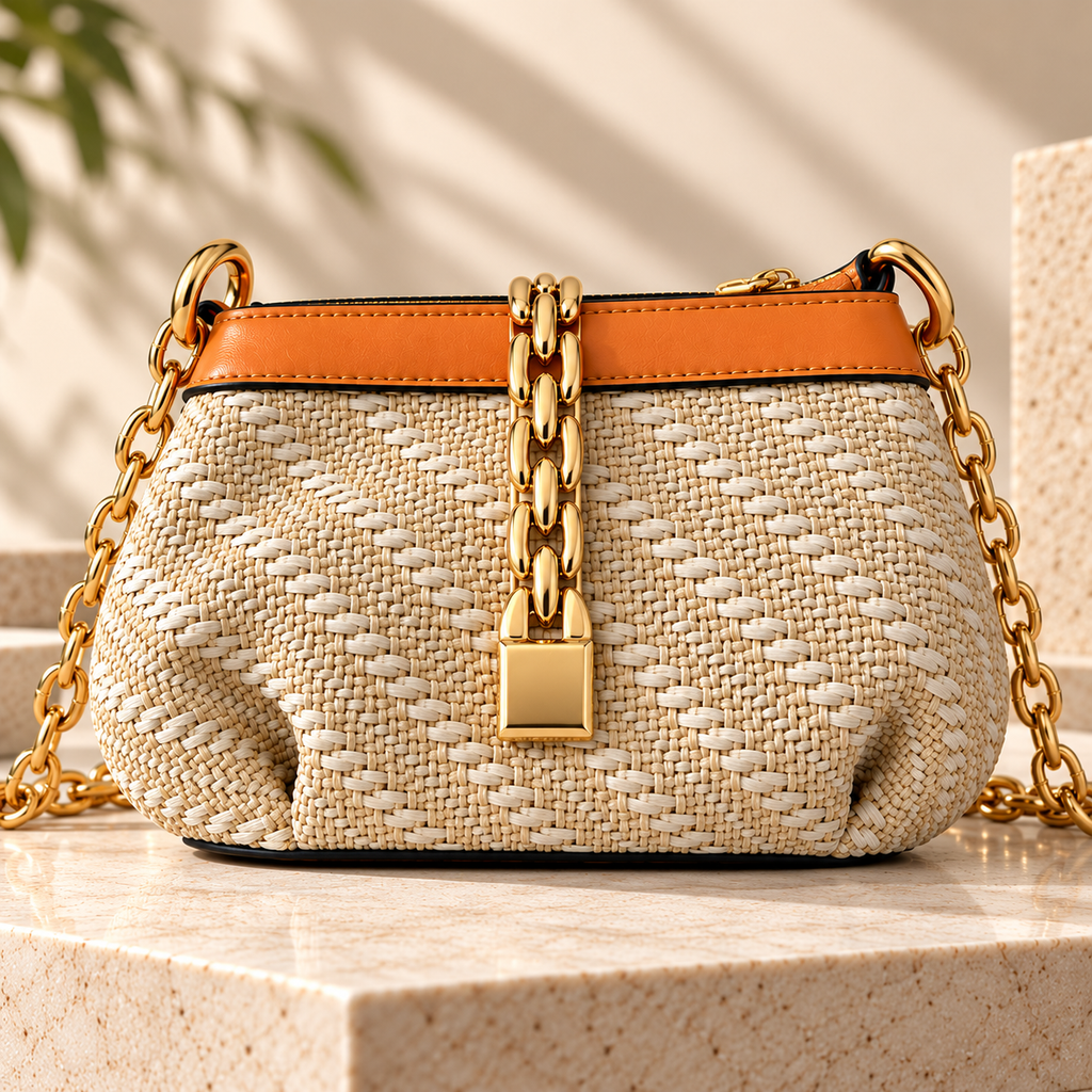 CH&K Woven Raffia Shoulder Bag – Beige & Tan