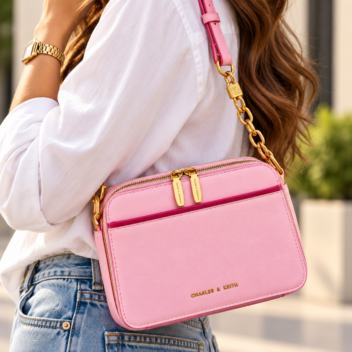 CH&K Baby Pink Camera Crossbody Bag – Gold Chain Edition