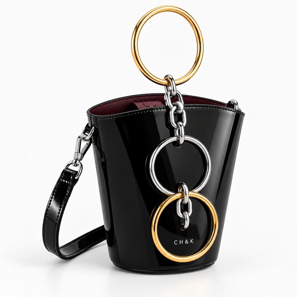 CH&K Glossy Ring-Detail Mini Bucket Bag – Black