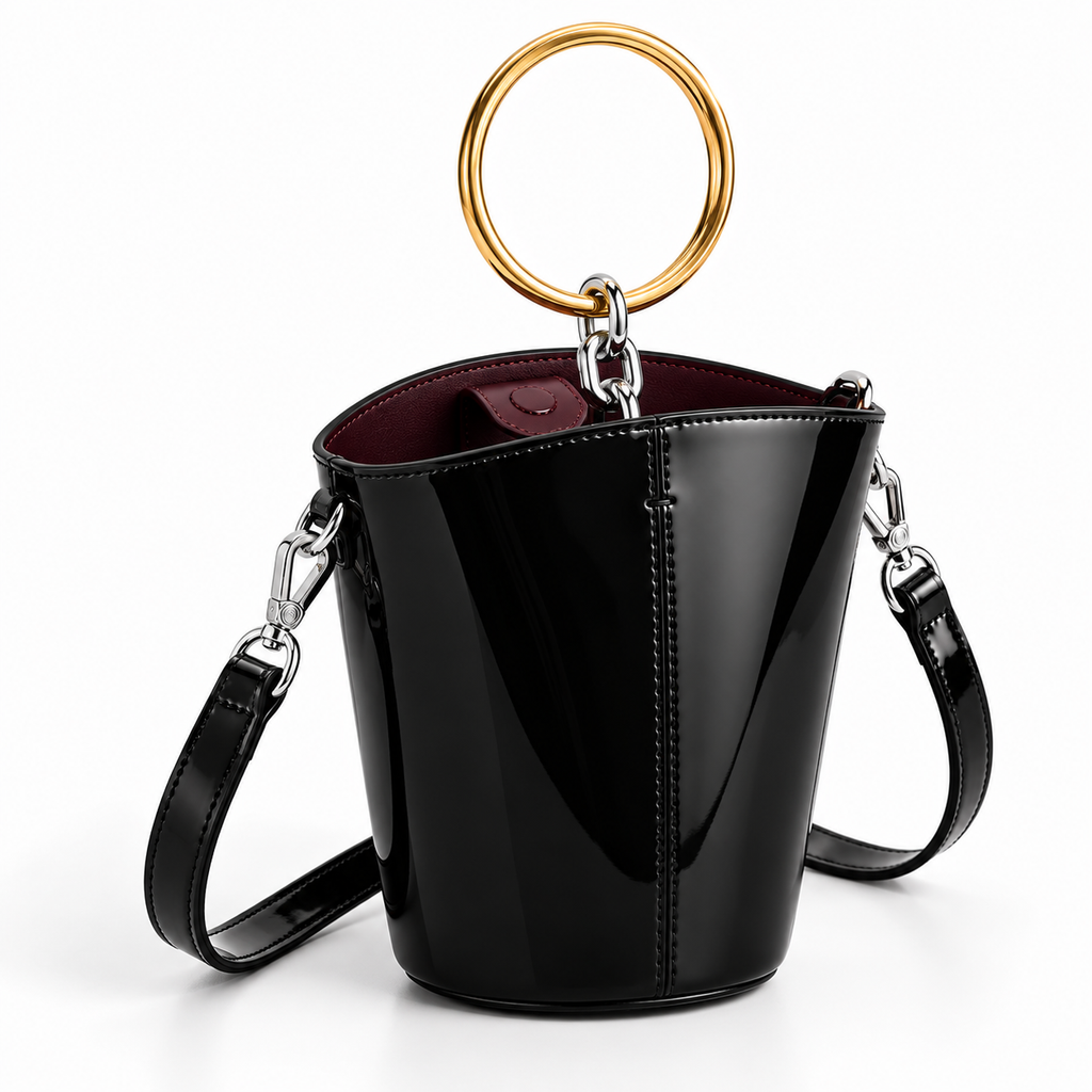 CH&K Glossy Ring-Detail Mini Bucket Bag – Black