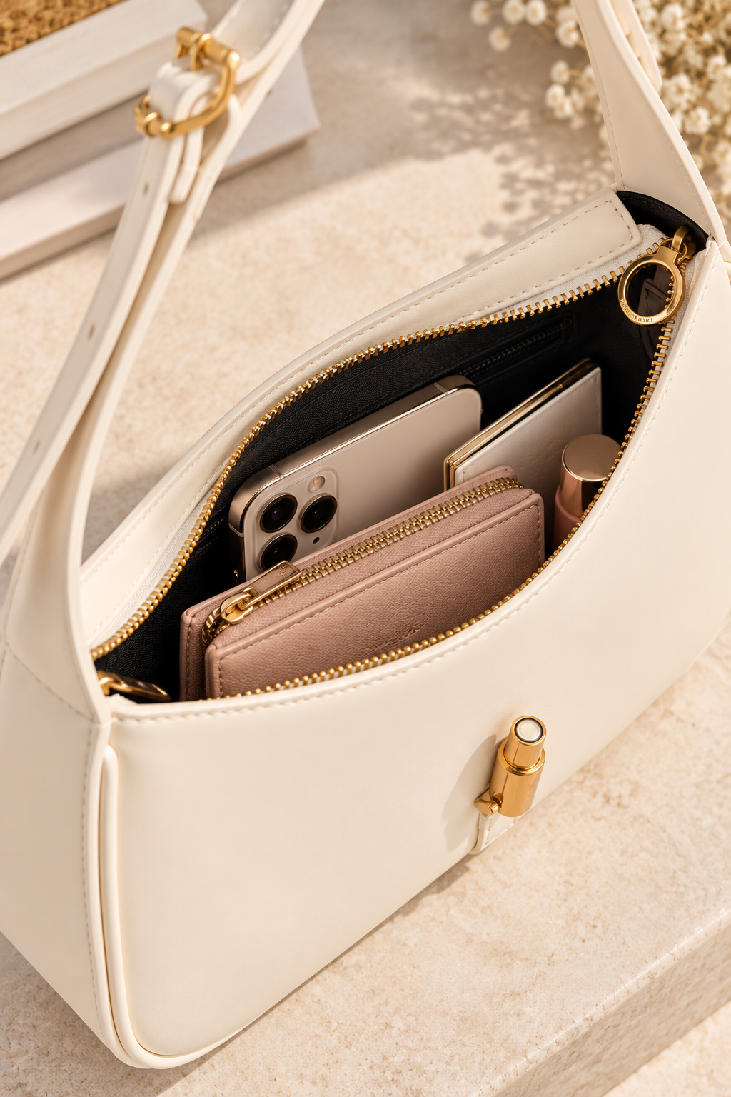 CH&K Ivory Elegant Shoulder Bag – Gold Accent Edition