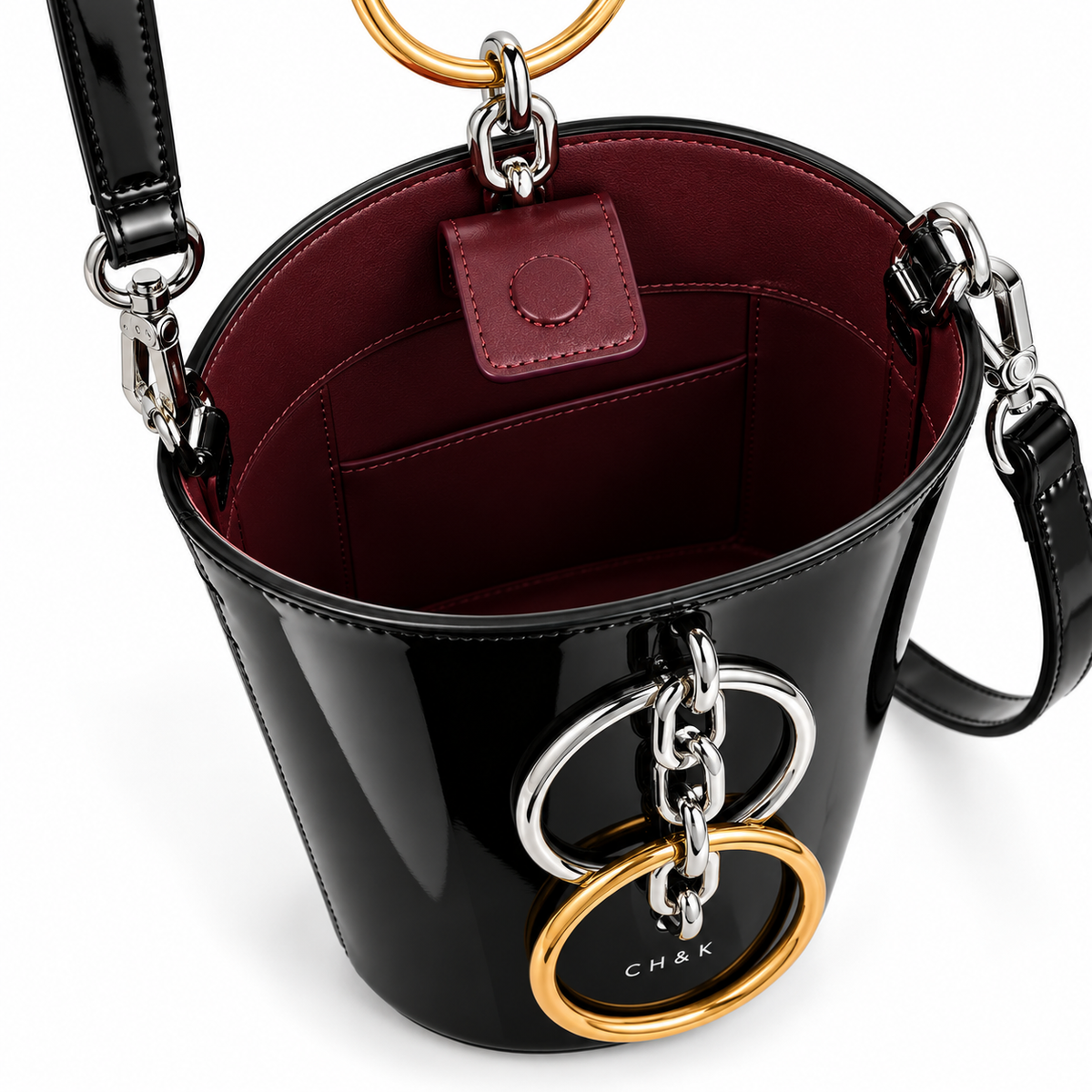 CH&K Glossy Ring-Detail Mini Bucket Bag – Black
