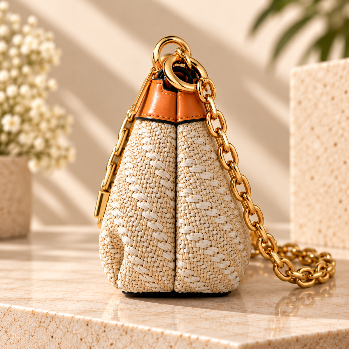 CH&K Woven Raffia Shoulder Bag – Beige & Tan