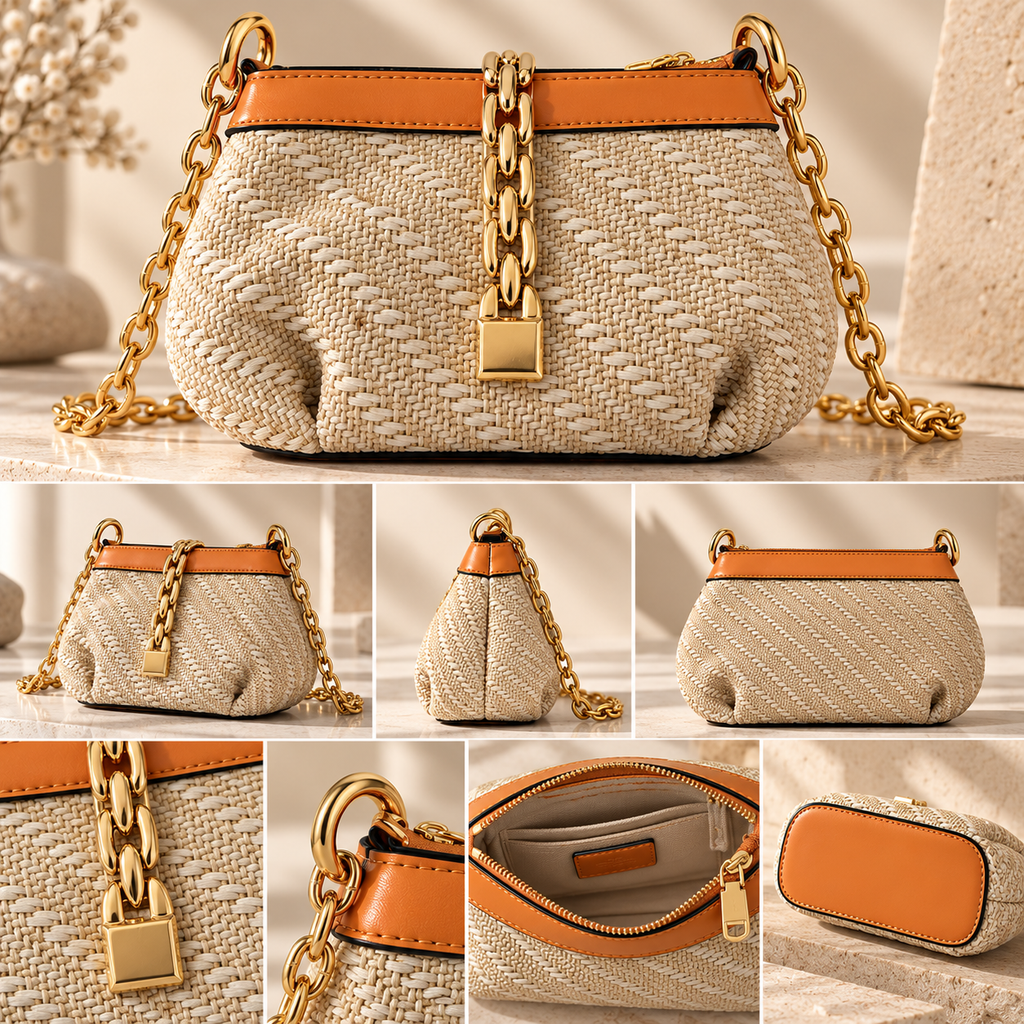 CH&K Woven Raffia Shoulder Bag – Beige & Tan