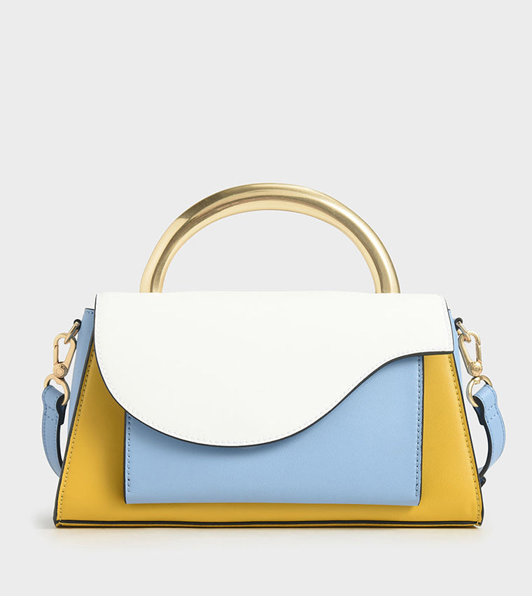 Angular Flap Metallic Top Handle Bag in a multi-color