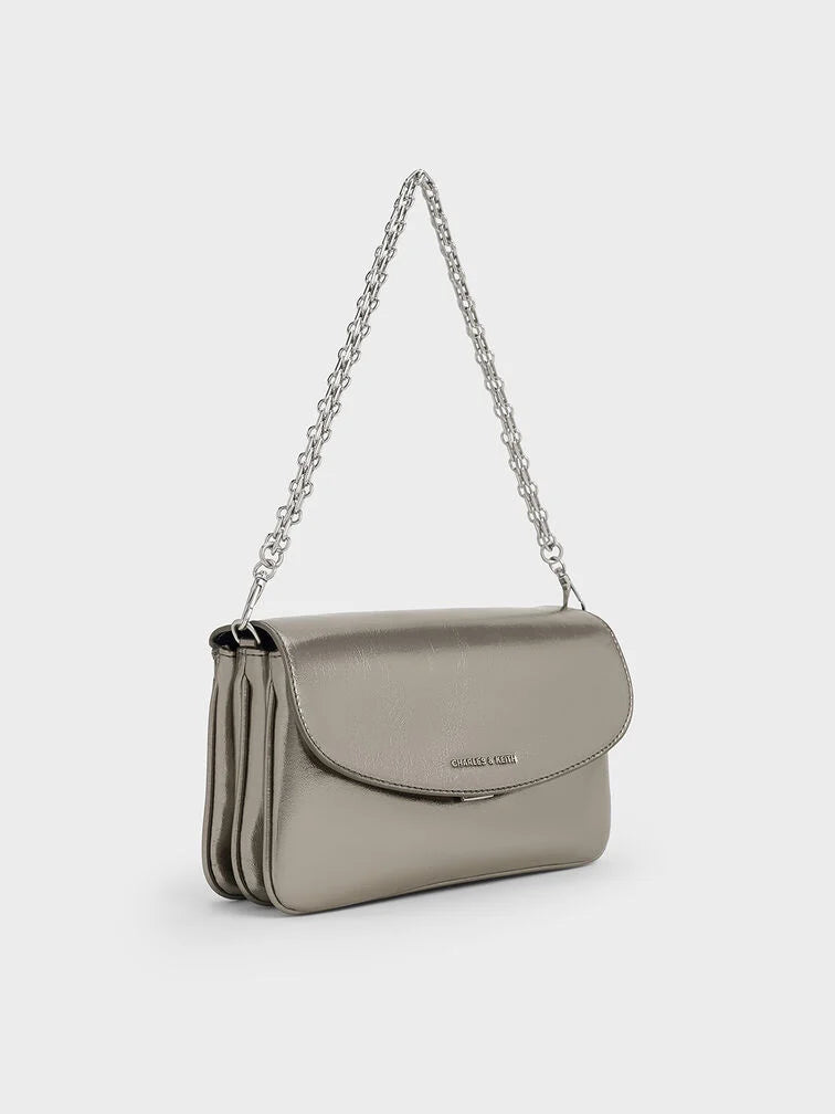 Caia Metallic Front Flap Shoulder Bag in pewter
