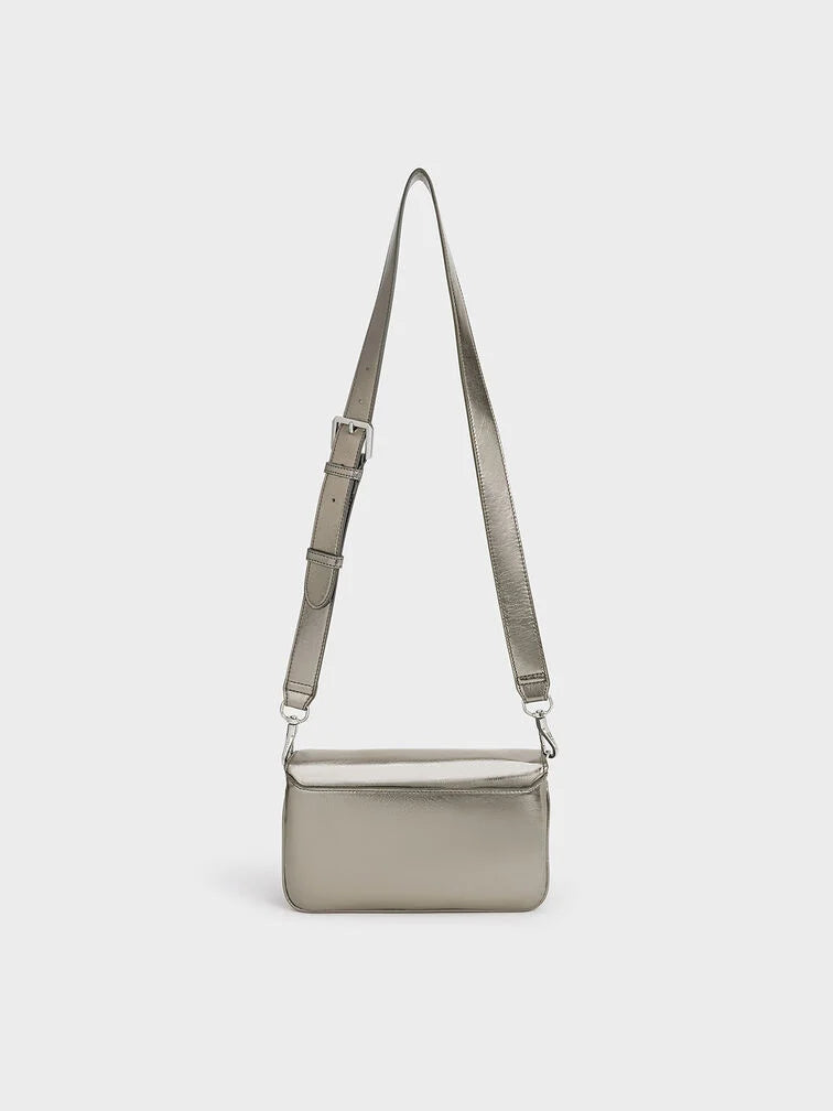 Caia Metallic Front Flap Shoulder Bag in pewter