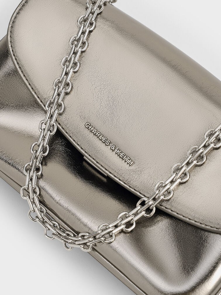 Caia Metallic Front Flap Shoulder Bag in pewter