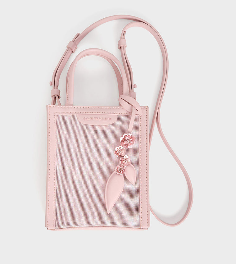 Mesh Sequin-Flower Elongated Tote Bag in Blossom Pink synthetic material.