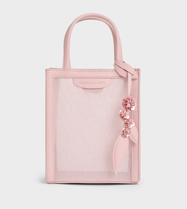 Mesh Sequin-Flower Elongated Tote Bag in Blossom Pink synthetic material.