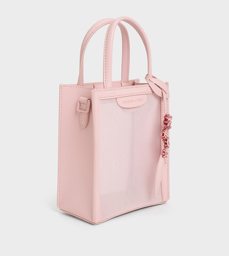 Mesh Sequin-Flower Elongated Tote Bag in Blossom Pink synthetic material.