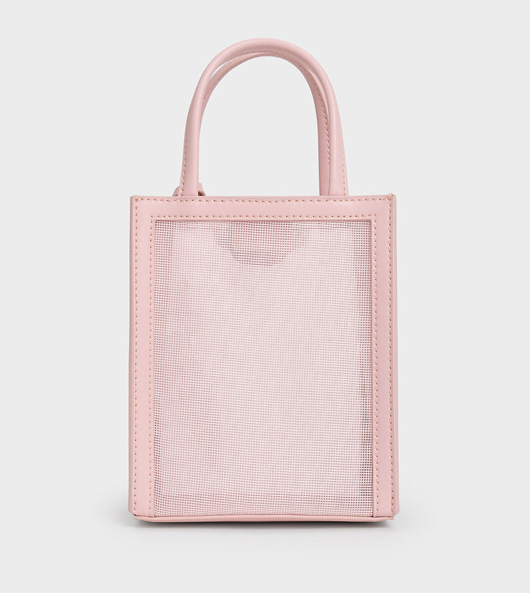 Mesh Sequin-Flower Elongated Tote Bag in Blossom Pink synthetic material.