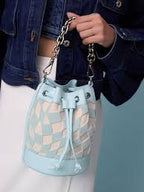 Zetta checkered bucket bag in a light blue finish