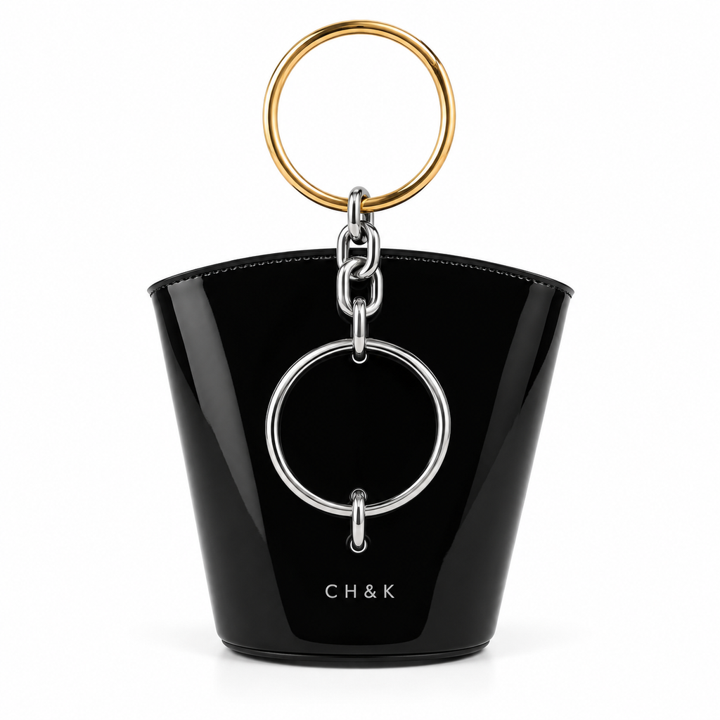 CH&K Glossy Ring-Detail Mini Bucket Bag – Black