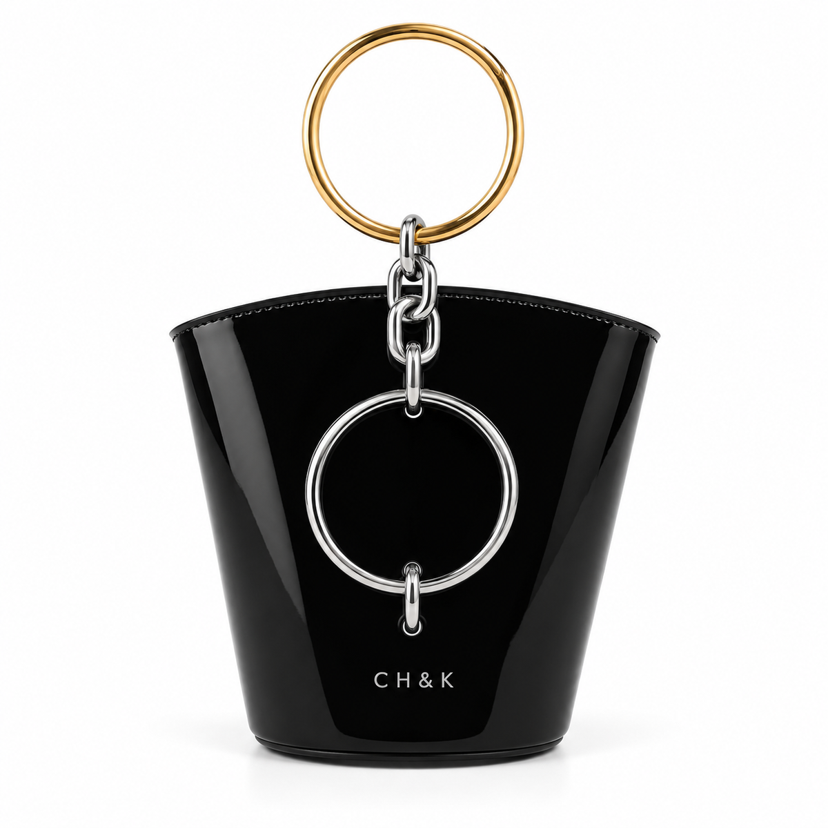 CH&K Glossy Ring-Detail Mini Bucket Bag – Black