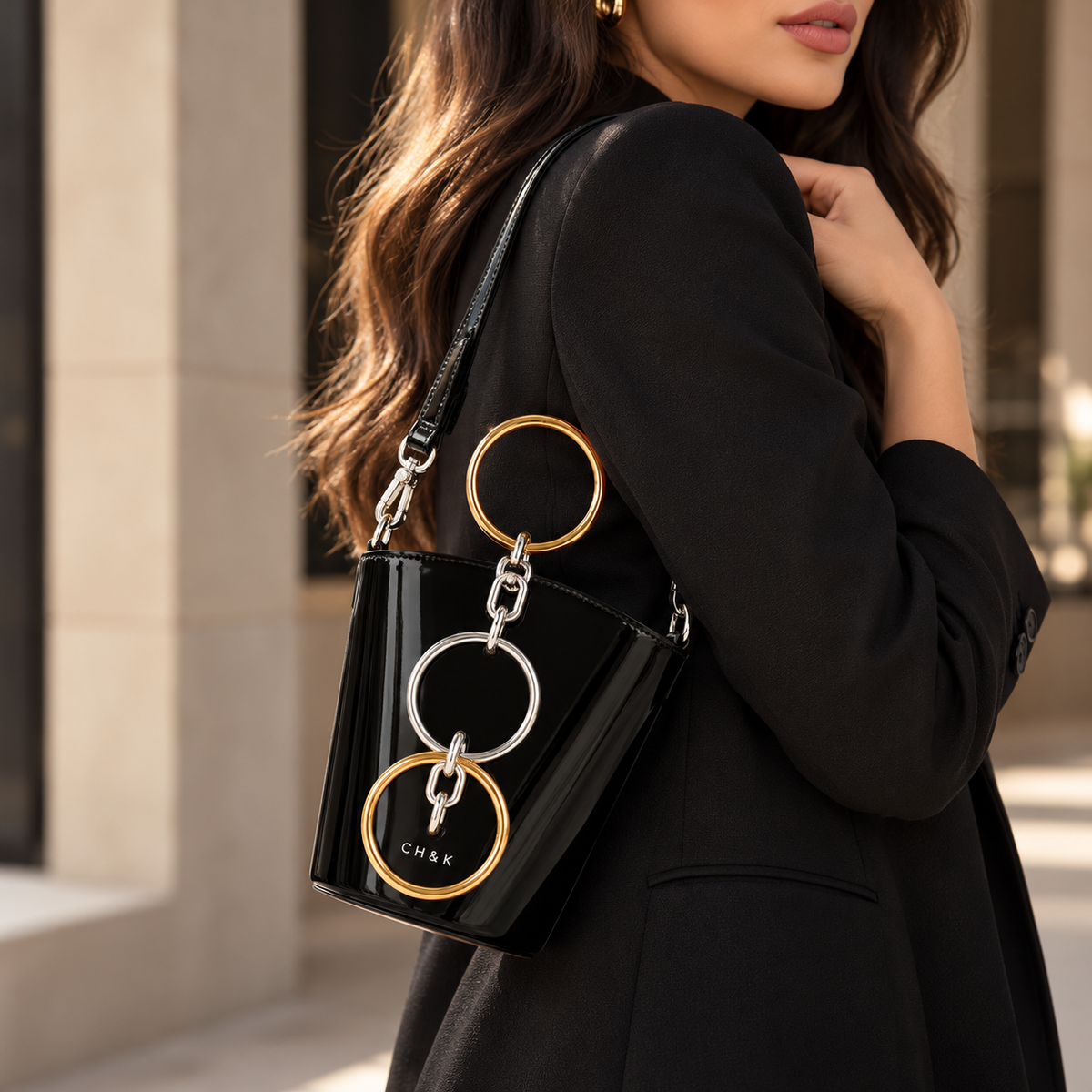 CH&K Glossy Ring-Detail Mini Bucket Bag – Black